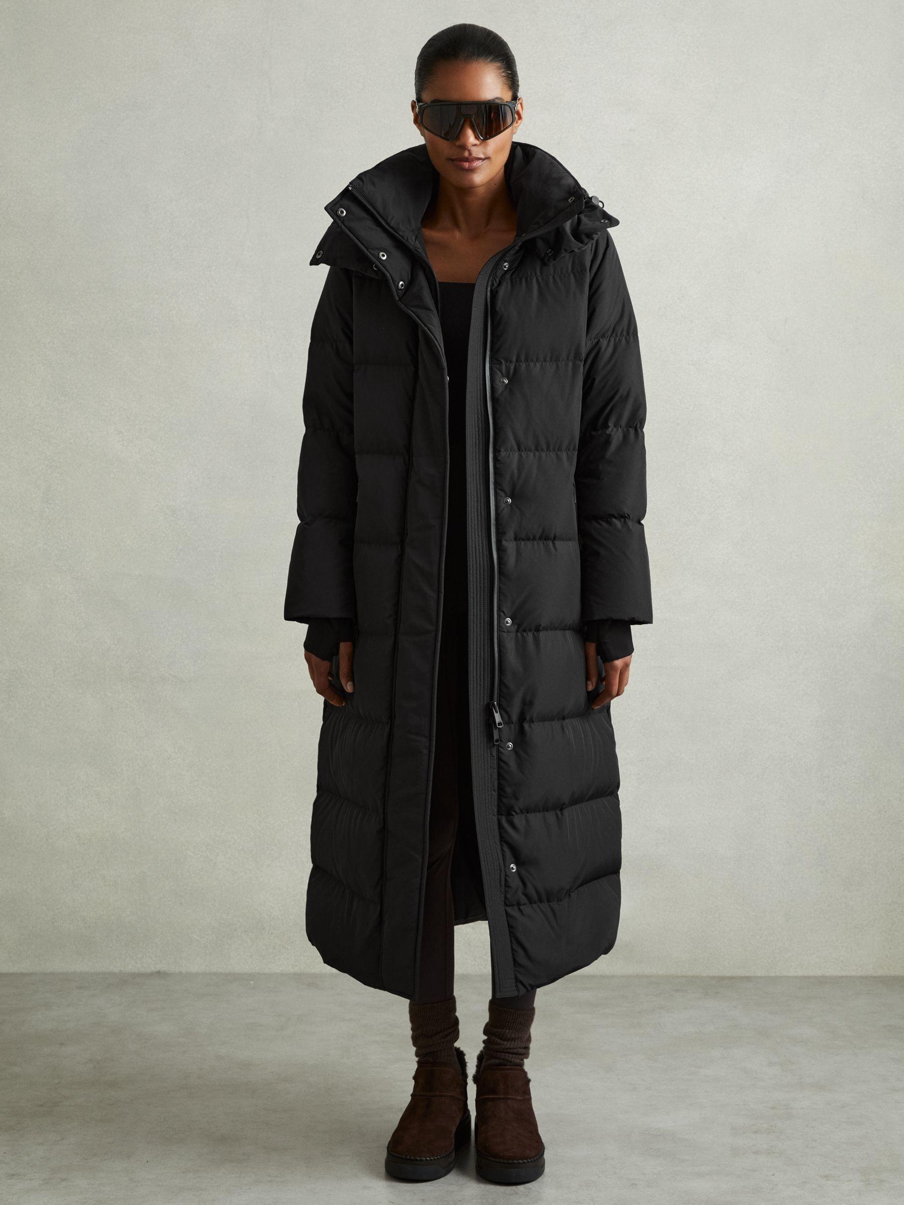 Petite Longline Hooded Puffer Coat in Black Product Image