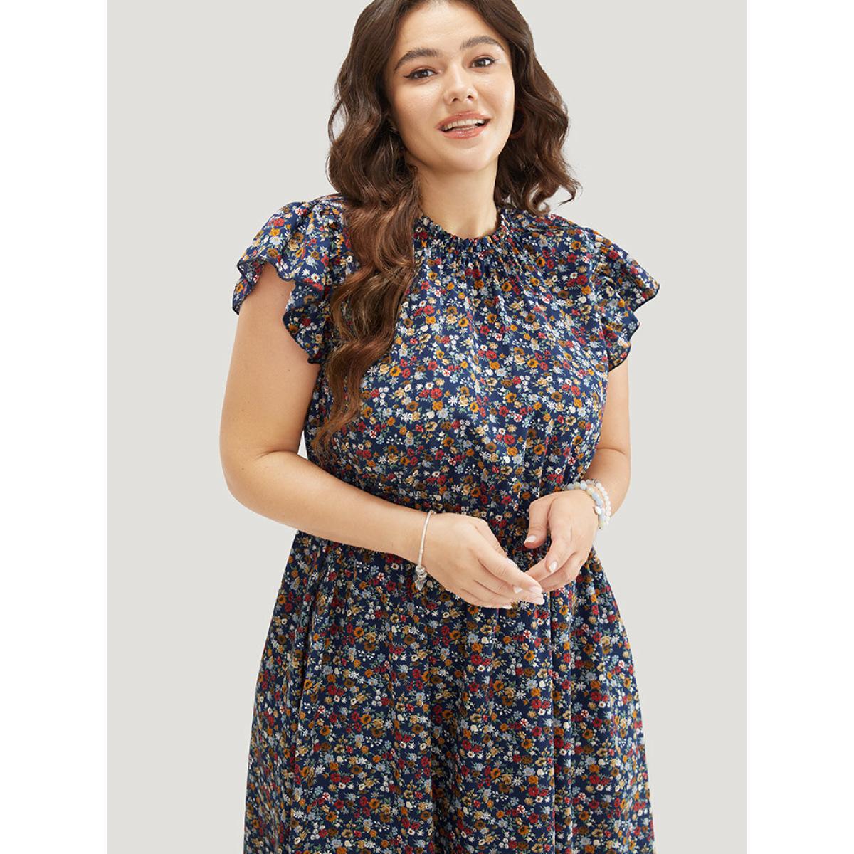 Plus Size Ditsy Floral Ruffle Sleeve Pocket Frill Trim Mock Neck Dress DarkBlue Women Elegant Pocket Mock Neck Half Sleeve Curvy Midi Dress BloomChic 12/L Product Image