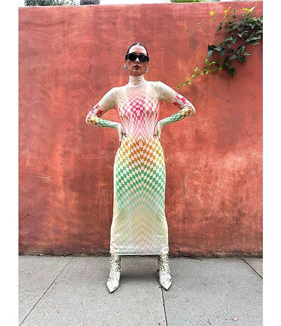 AFRM Shailene Mesh Geometric Print Turtleneck Long Sleeve Midi Dress Product Image
