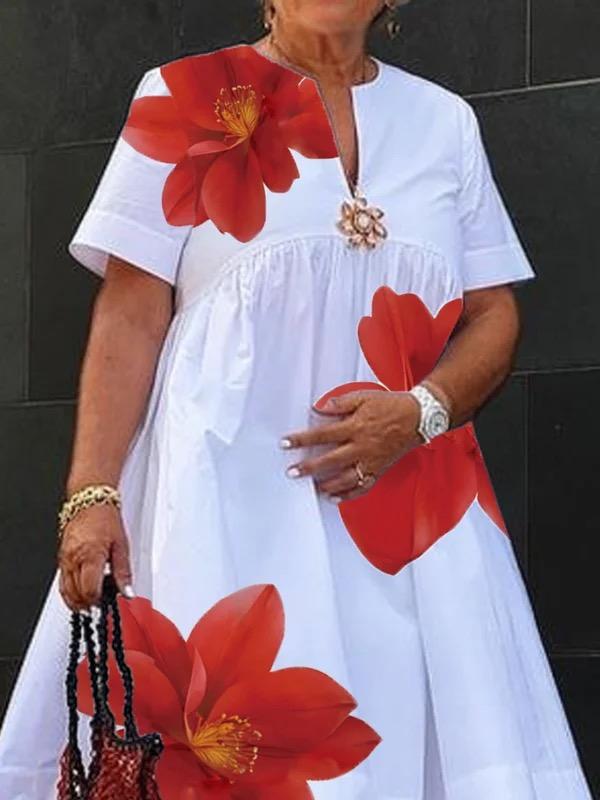 A-Line Loose Flower Print Pleated V-Neck Midi Dresses Product Image