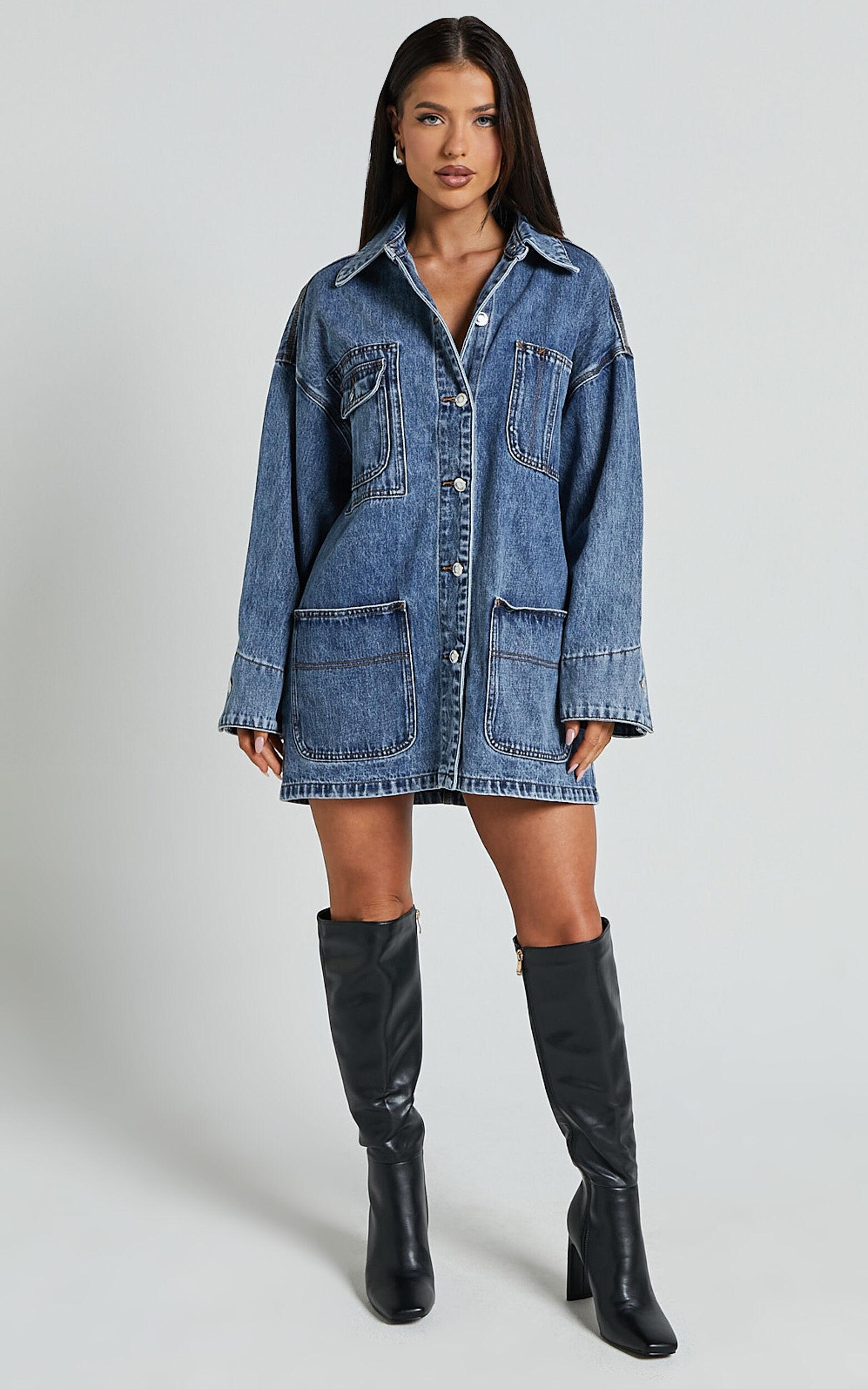 Harlow Jacket - Oversized Long Sleeve Denim Jacket in Mid Blue Wash Product Image
