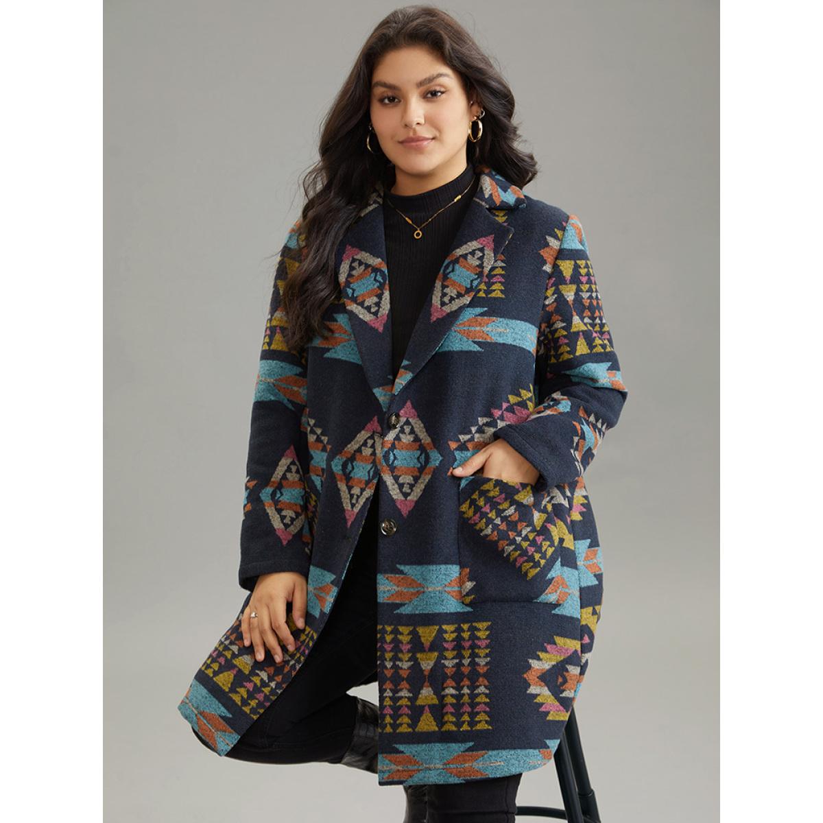 Plus Size Geometric Button Up Lapel Collar Coat Women Indigo Casual Printed Ladies Dailywear Winter Coats BloomChic 14-16/1X Product Image