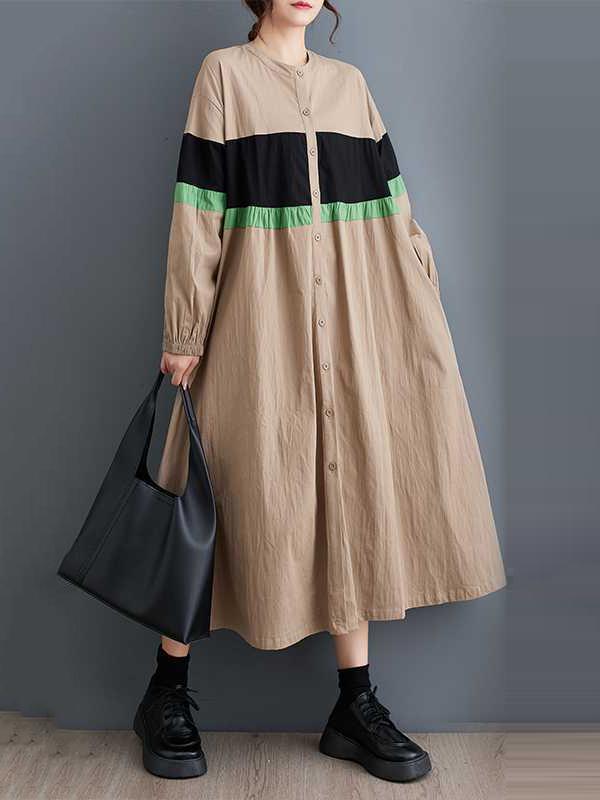 Long Sleeves Loose Buttoned Contrast Color Elasticity Split-Joint Round-neck Midi Dresses Product Image