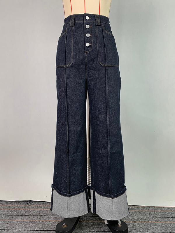 High Waisted Straight Leg Contrast Color Split-Joint Jean Pants Bottoms Product Image