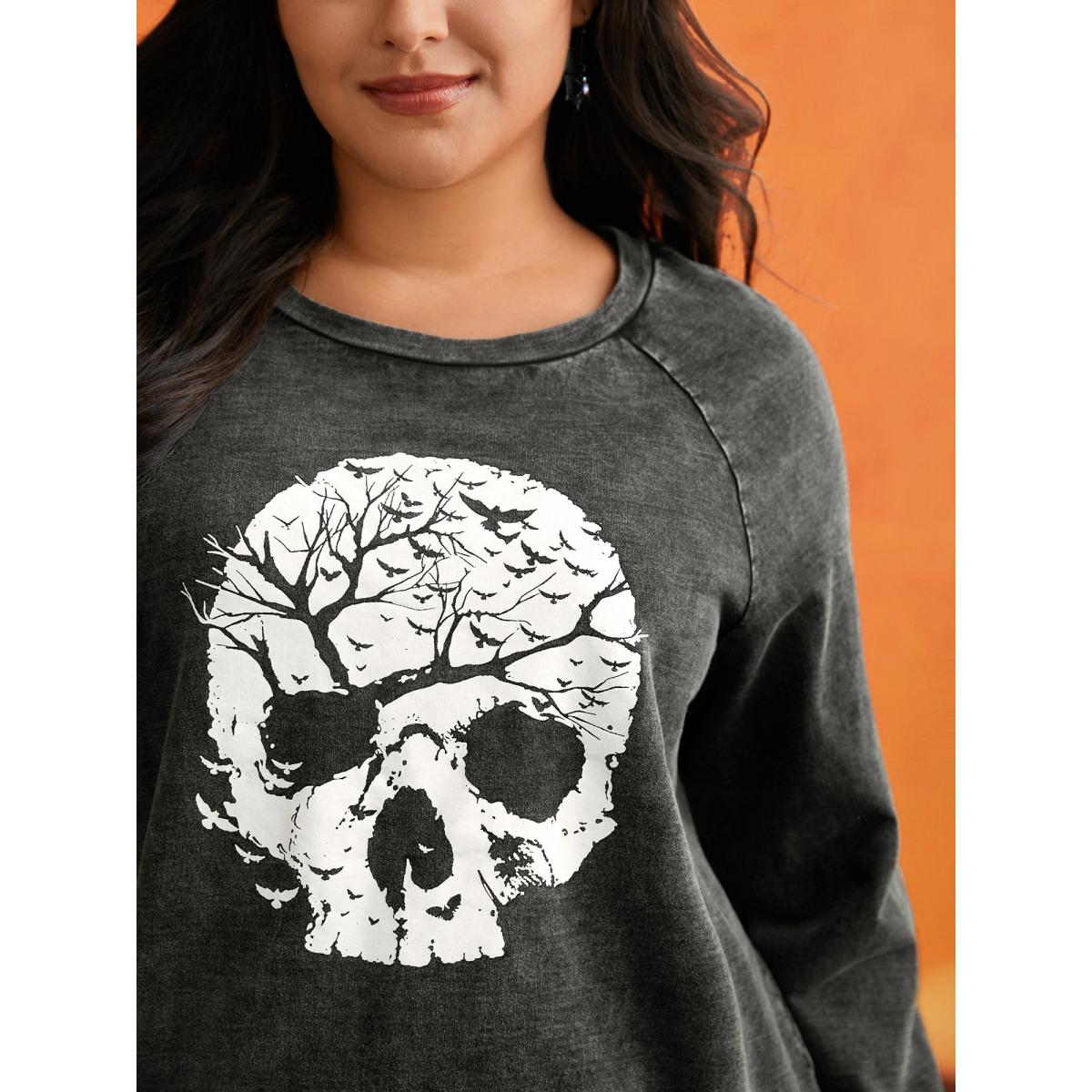 Plus Size Retro Wash Cotton Sweatshirt Women Black Leisure Non Round Neck Casual Sweatshirts BloomChic 28/5X Product Image