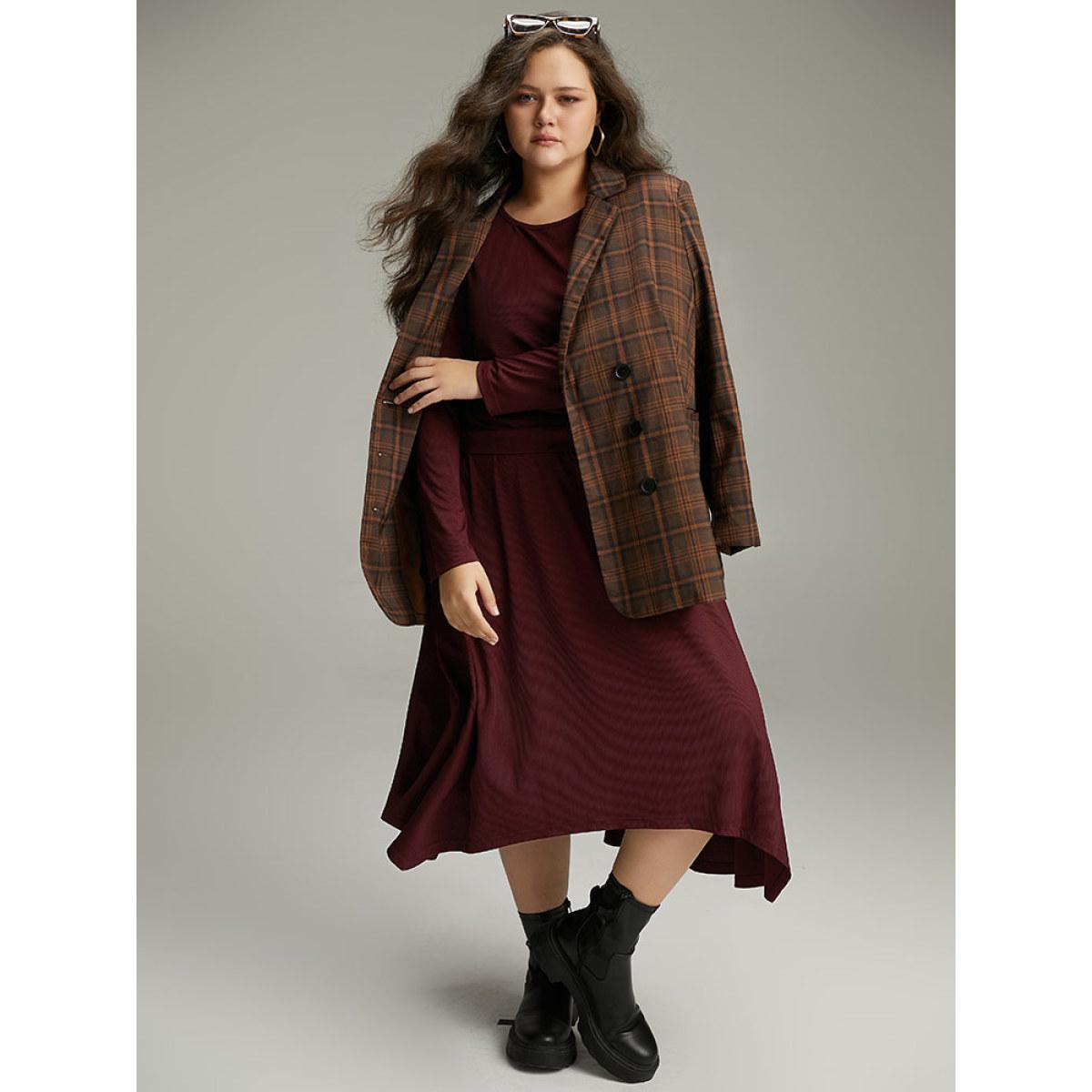 Plus Size Solid Rib Knit Crew Neck Twist Front Dress Burgundy Women Casual Plain Round Neck Long Sleeve Curvy Midi Dress BloomChic 22-24/3X Product Image