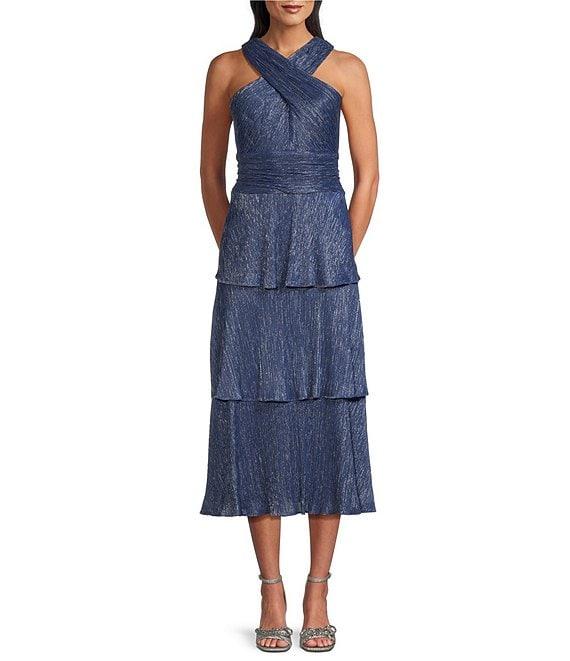 Ignite Evenings Sleeveless Cross Halter Neck Tiered Skirt Midi Dress Product Image