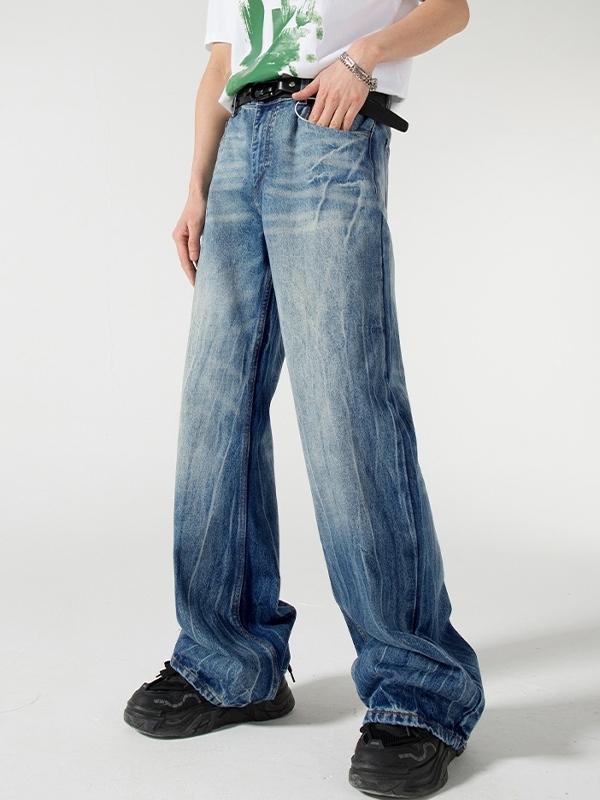 Retro Straight Style Distressed Washed Loose Jeans Product Image