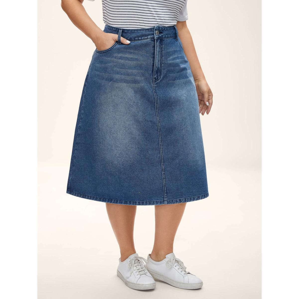 Plus Size A-Line Midi Denim Skirt Women Midblue Everyday-Casual No stretch Medium Wash 28/5X Slanted pocket Denim Skirts BloomChic Product Image