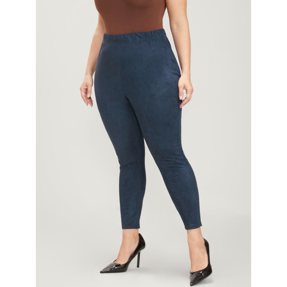 Plus Size Solid Elastic Waist Suede Leggings Women Indigo Casual High stretch Mid Rise Dailywear Leggings BloomChic 30/6X Product Image