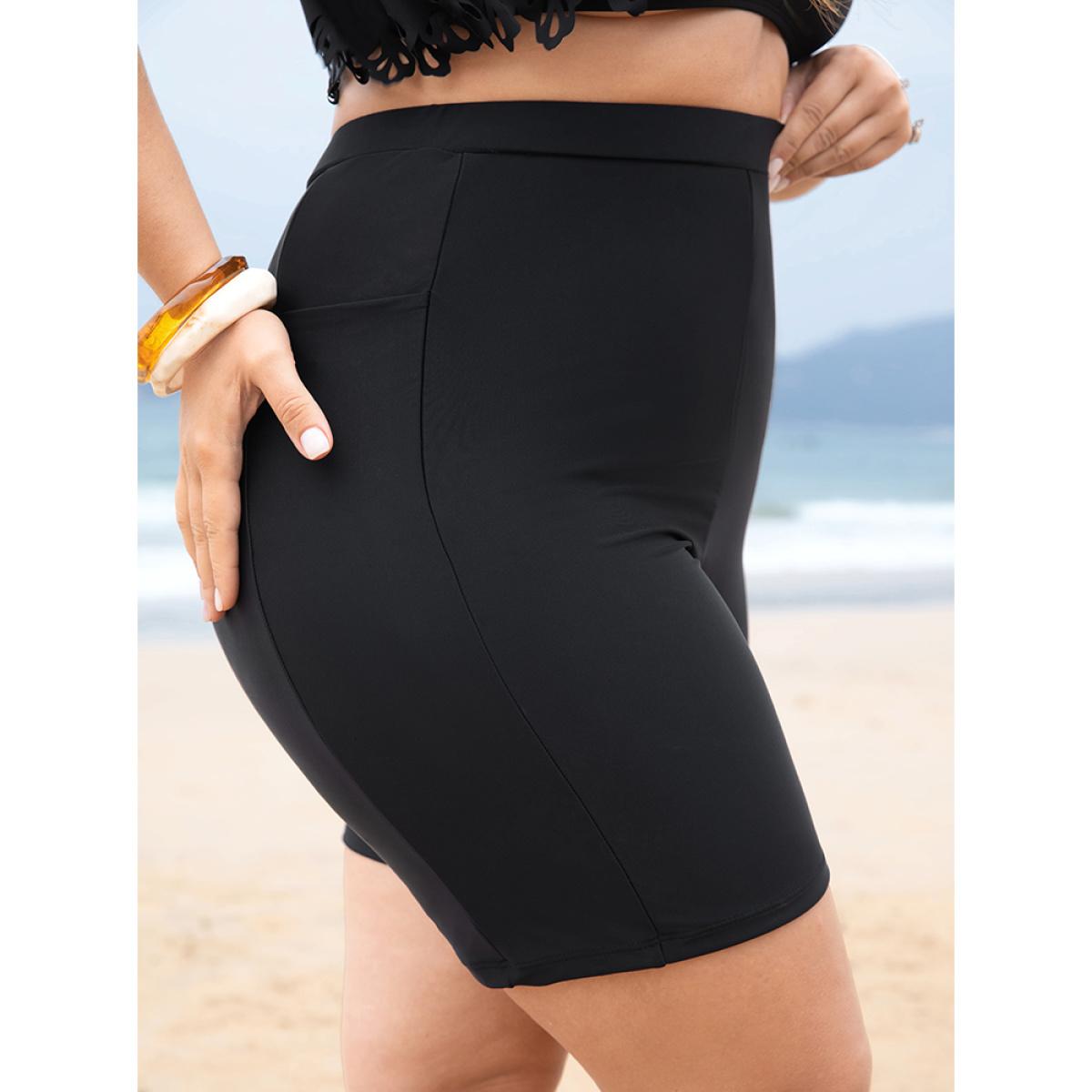 Plus Size High Waist Pocket Side Swim Shorts Women's Swimwear Black Beach Plain High stretch Skinny High Rise Curve Swim Bottoms BloomChic 30/6X Product Image
