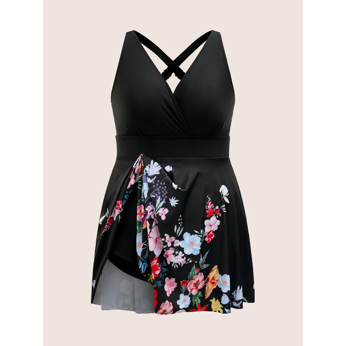 Plus Size Overlap Collar Natural Flowers Gathered Swim Dress Women's Swimwear Black Beach Bodycon Overlap Collar High stretch Curve Swim Dresses BloomChic 12/L Product Image