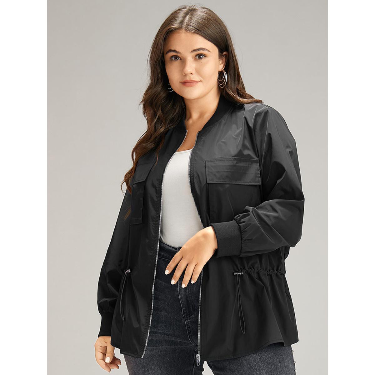 Plus Size Wind-Resistant Zipper Fly Drawstring Jacket Women Black Plain Pocket Dailywear Jackets BloomChic 12/L Product Image