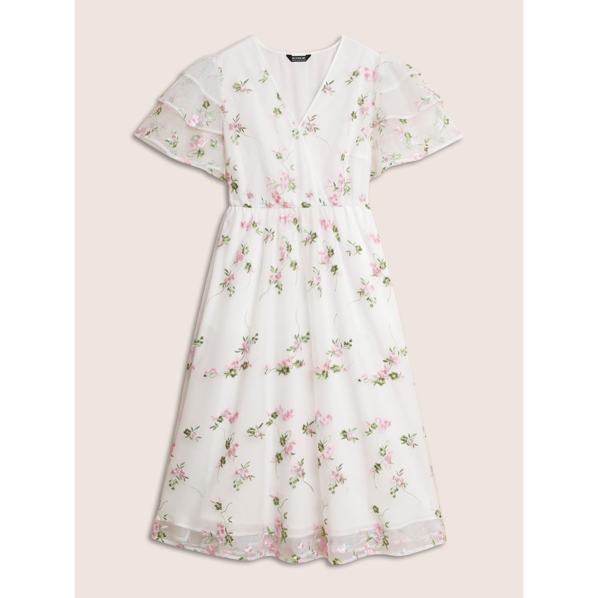 Plus Size Overlap Collar Mesh Floral Embroidered Tiered Ruffles Dress Originalwhite Women Formal Texture Overlap Collar Short sleeve Curvy BloomChic 18-20/2X Product Image