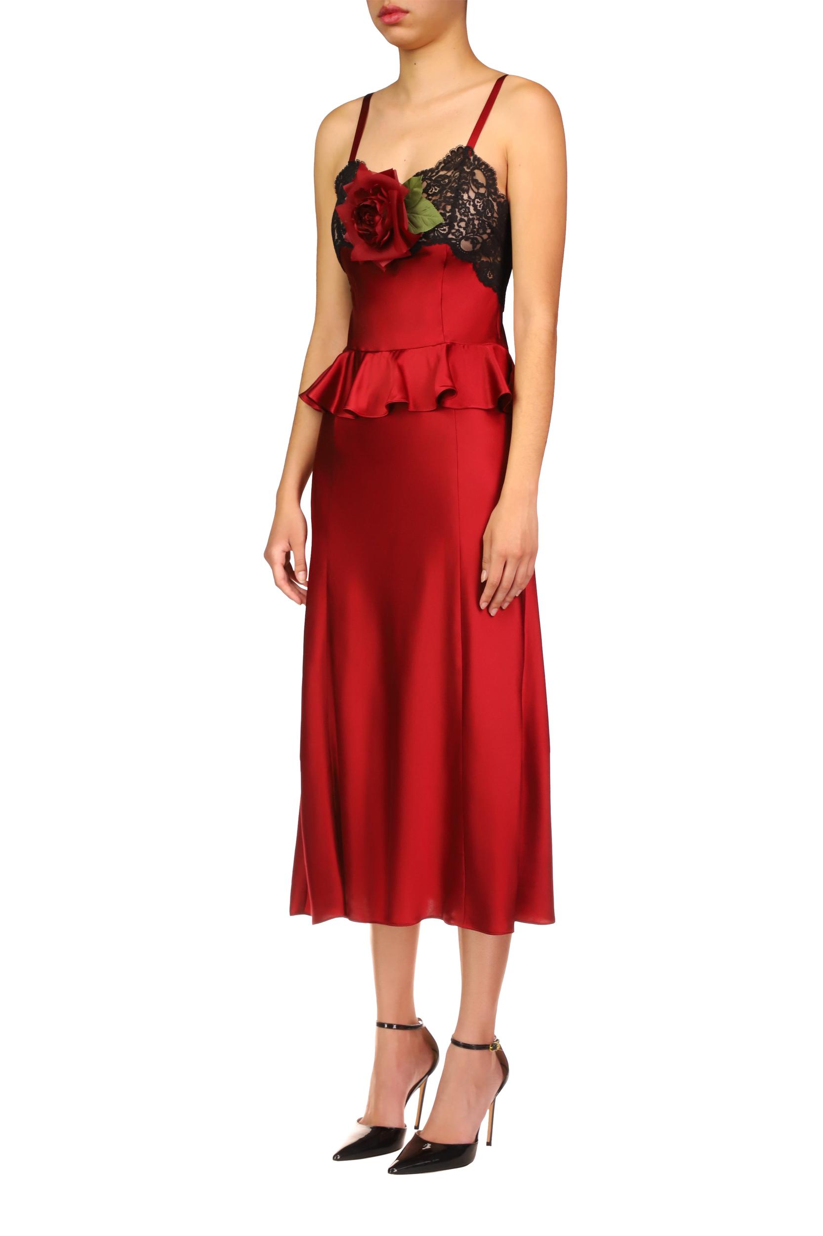 Red Silk Satin Slip Dress With Peplum And Black Lace Details Product Image