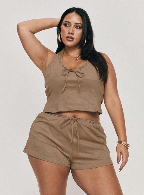 Eternal Youth Faux Suede Top Taupe Curve Product Image