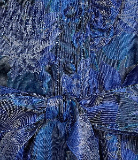 Abbey Glass Floral Print Sadie Ruffle Stand Collar Short Sleeve Tie Waist Tiered Pocketed Midi Dress Product Image