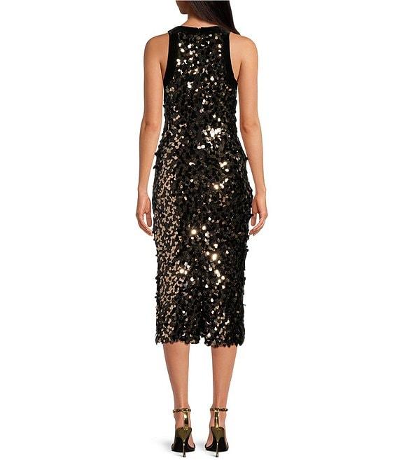 Trina Turk Yanna Petal Paillette Sequin V-Neck Velvet Trim Bow Dress Product Image