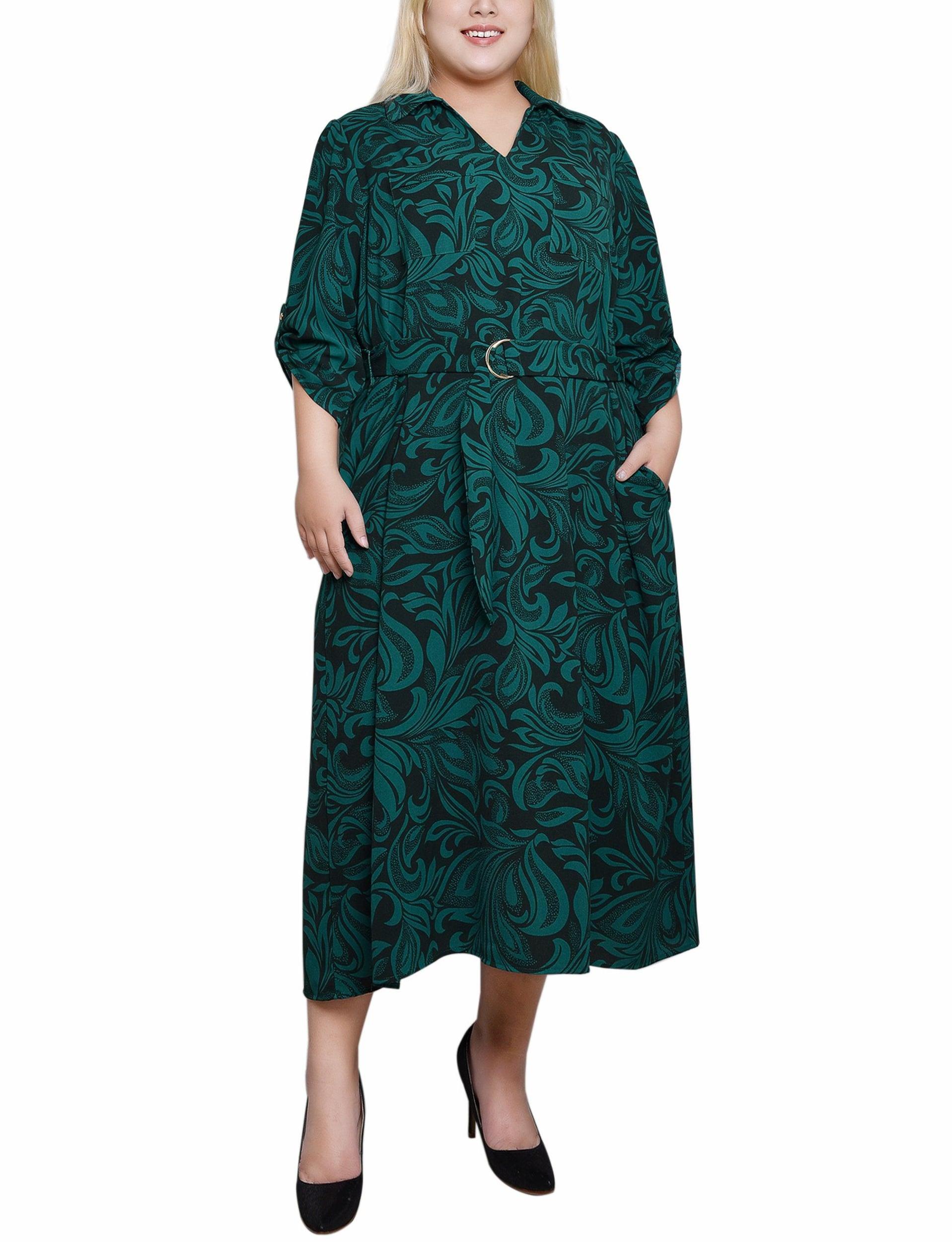 Emerald Multi 3/4 Roll Tab Belted Dress - Plus Product Image