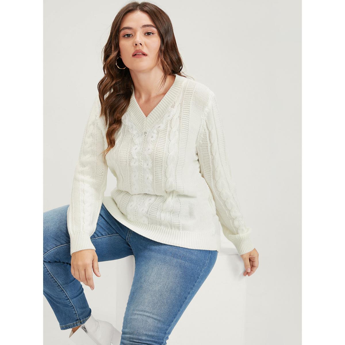 Plus Size Plain Pointelle Knit V Neck Cable Knit Lace Patchwork Knit Top White Women Elegant Loose Long Sleeve V-neck Dailywear Pullovers BloomChic 18-20/2X Product Image