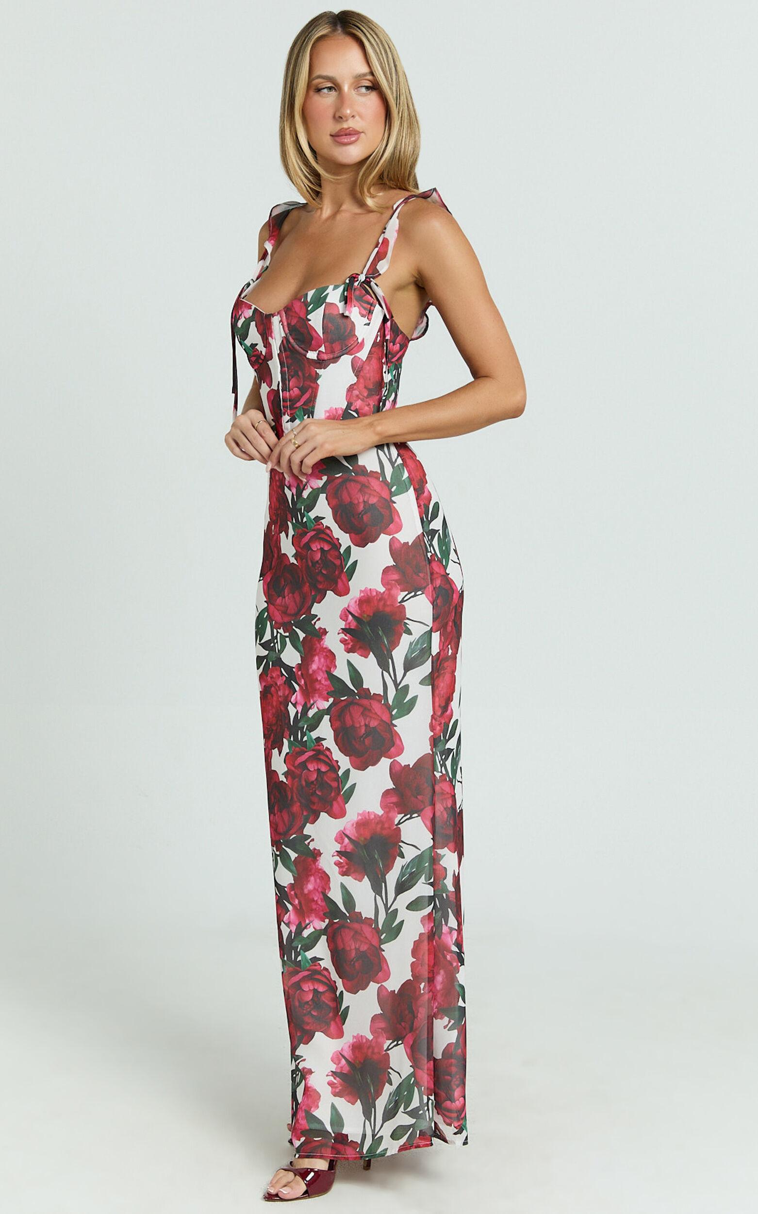 Mabel Maxi Dress - Georgette Frill Sleeve Sweetheart Bias Cut Dress in Rose Blanca Product Image