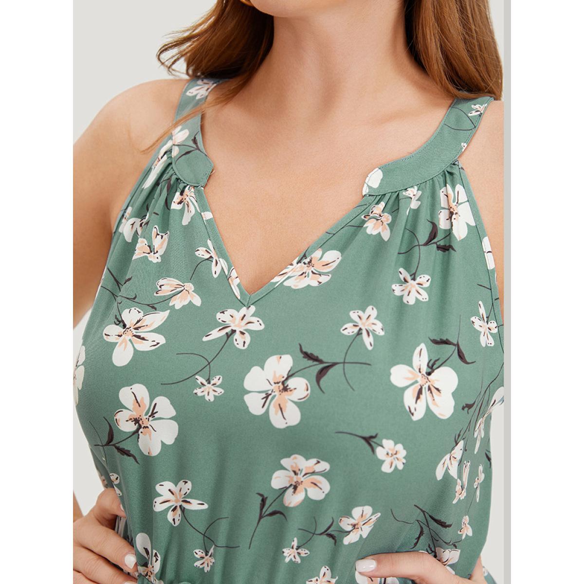 Plus Size Floral Elastic Waist Notched Pocket Ruffles Halter Dress Mint Women Elegant Patchwork Halter neck Sleeveless Curvy Knee Dress BloomChic 30/6X Product Image