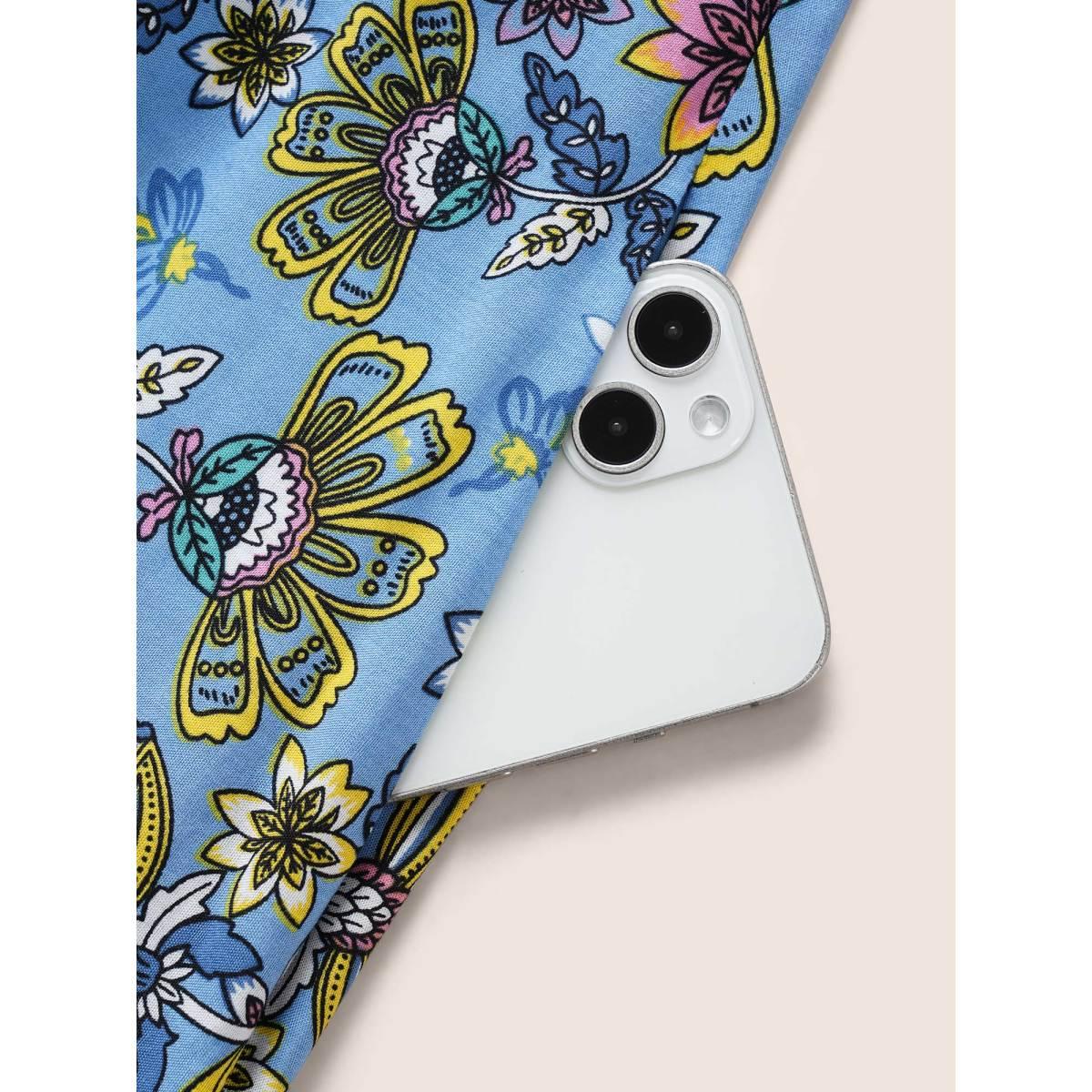 Plus Size Rayon Boho Print Overlap Collar Dress Mediumblue Women Resort Belted Overlap Collar Short sleeve Curvy BloomChic 18-20/2X Product Image