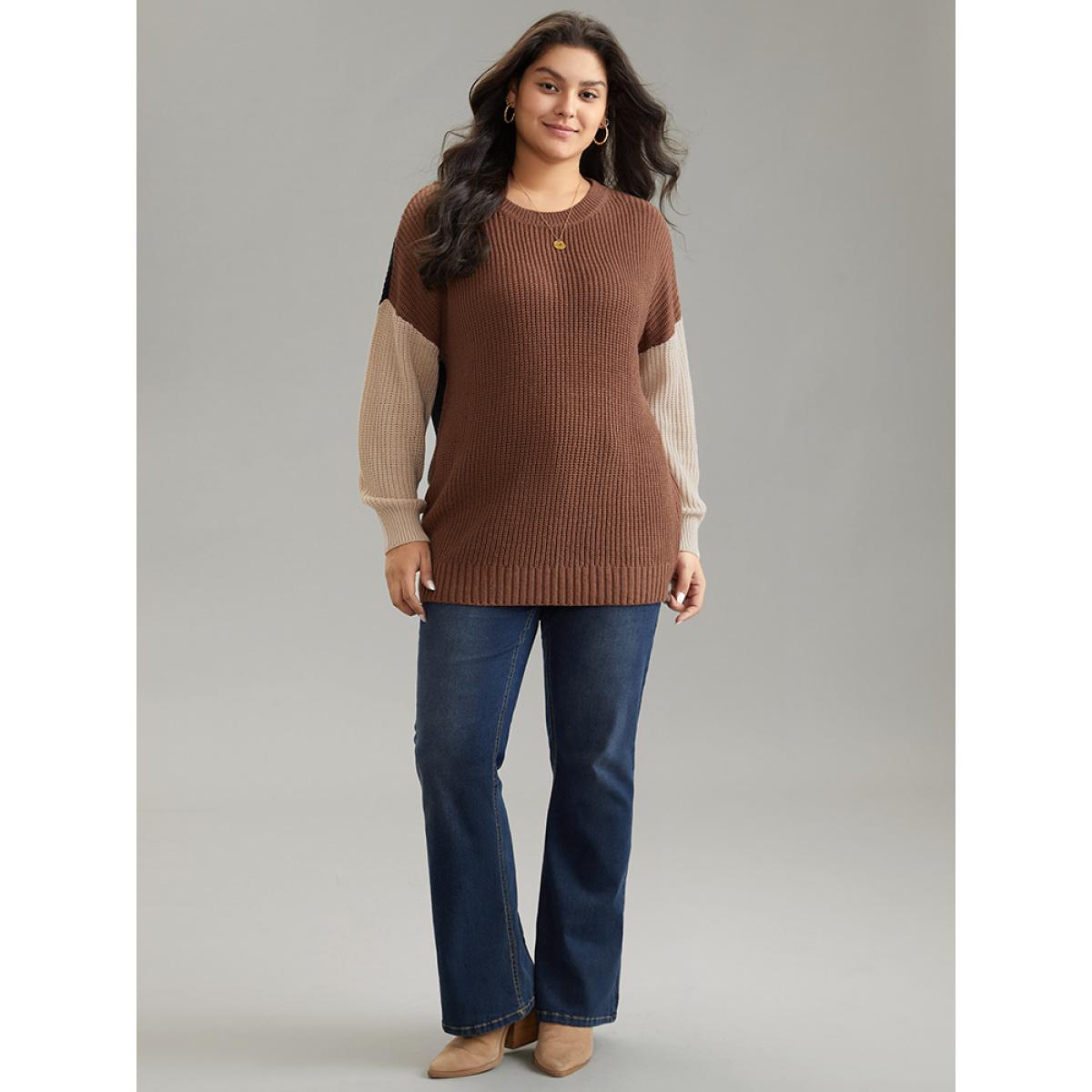 Plus Size Patchwork Colorblock Contrast Drop Shoulder Pullover Multicolor Women Casual Loose Long Sleeve Round Neck Dailywear Pullovers BloomChic 30/6X Product Image