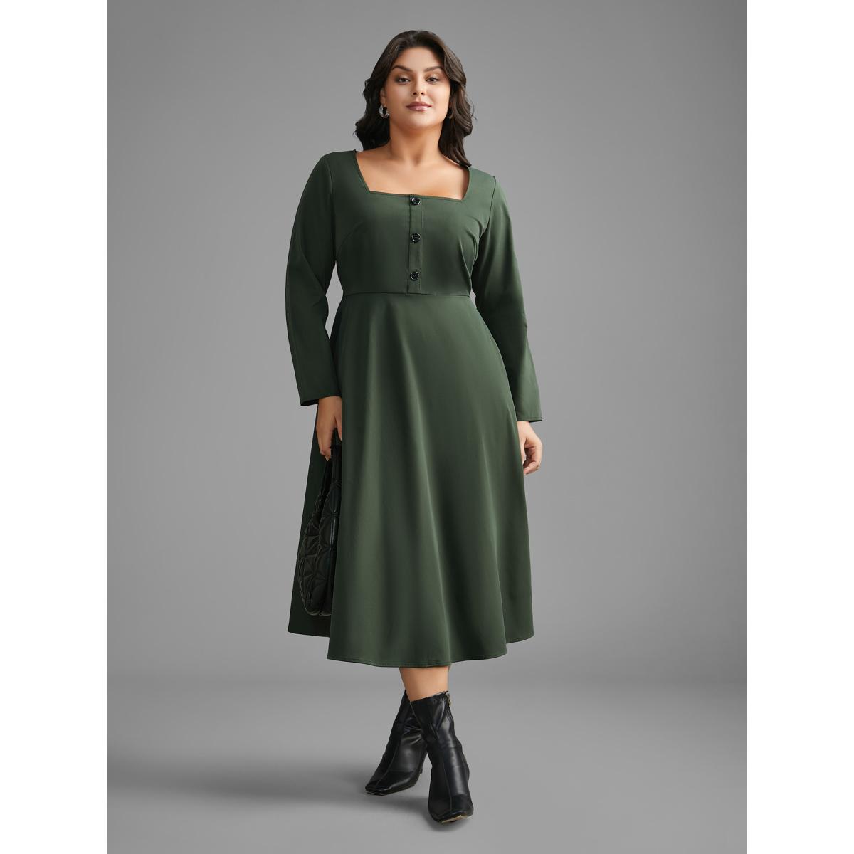Plus Size Square Neck Plain Button Detail Dress DarkGreen Women At the Office Button Square Neck Long Sleeve Curvy BloomChic 10/M Product Image