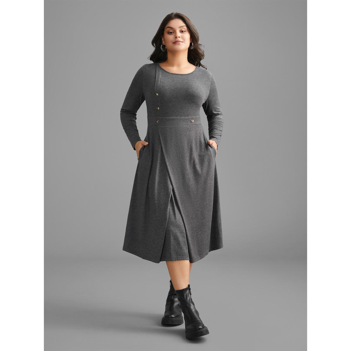 Plus Size Solid Button Detail Wrap Hem Knit Dress DarkGray Women Casual Overlapping Knit Dresses Bloomchic 14-16/1X Product Image