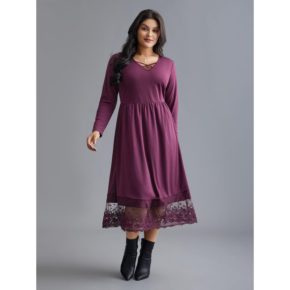 Plus Size Floral Embroidered Mesh Crisscross Dress Deeppurplered Women Timeless Woven ribbon&lace trim Round Neck Long Sleeve Curvy BloomChic 22-24/3X Product Image