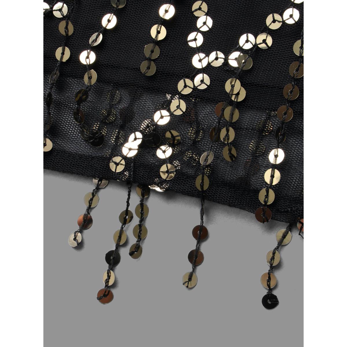 Plus Size Sequin Mesh Tassel Trim Tank Top Women Black Elegant Tassels Round Neck Everyday Tank Tops Camis BloomChic 14-16/1X Product Image