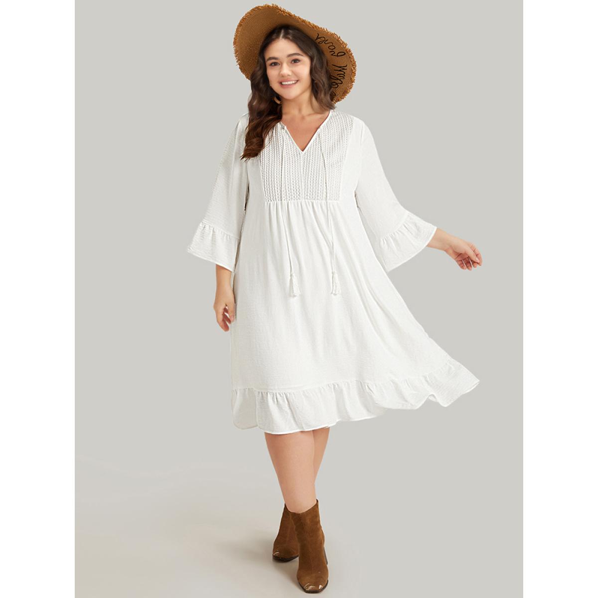 Plus Size Solid Pocket Ties Tassels Bell Sleeve Dress White Women Vacation Texture V-neck Elbow-length sleeve Curvy Midi Dress BloomChic 26/4X Product Image