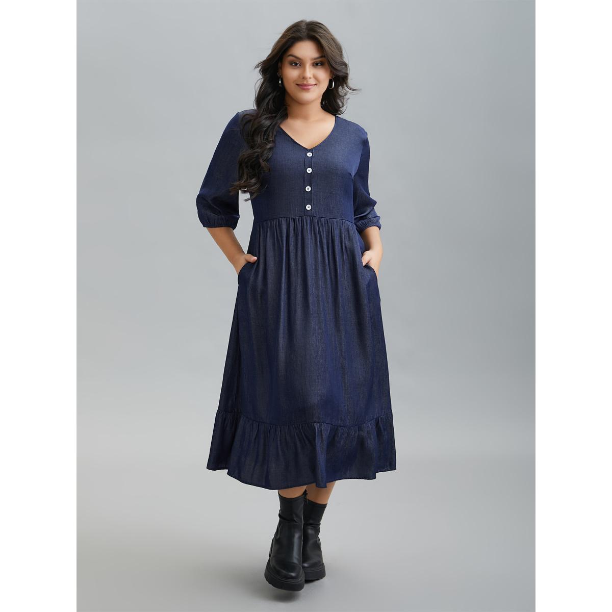 Plus Size V-Neck Button Tiered Maxi Dress Mediumblue Women Casual Button V-neck Elbow-length sleeve Curvy BloomChic 12/L Product Image