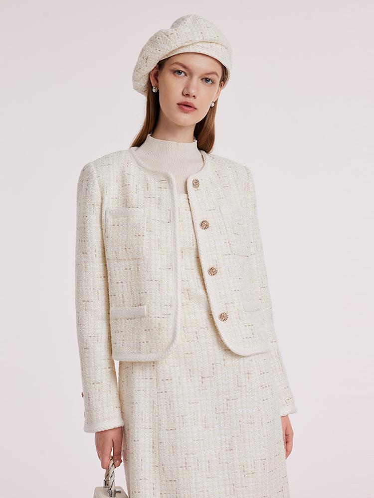 White Knitted Tweed Crop Jacket Product Image