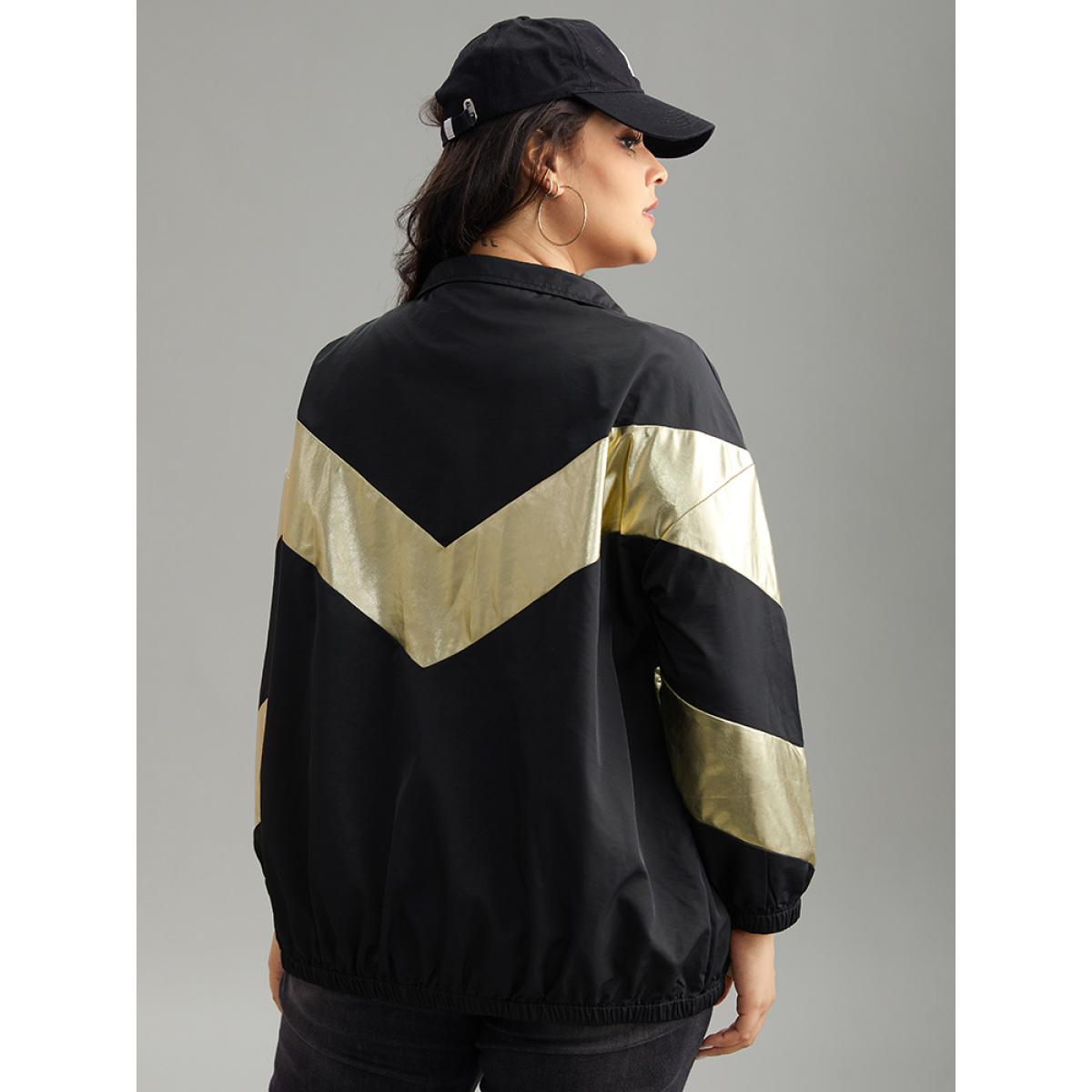 Plus Size Geometric Patchwork Contrast Zipper Jacket Women Black Elastic cuffs Pocket Dailywear Jackets BloomChic 18-20/2X Product Image