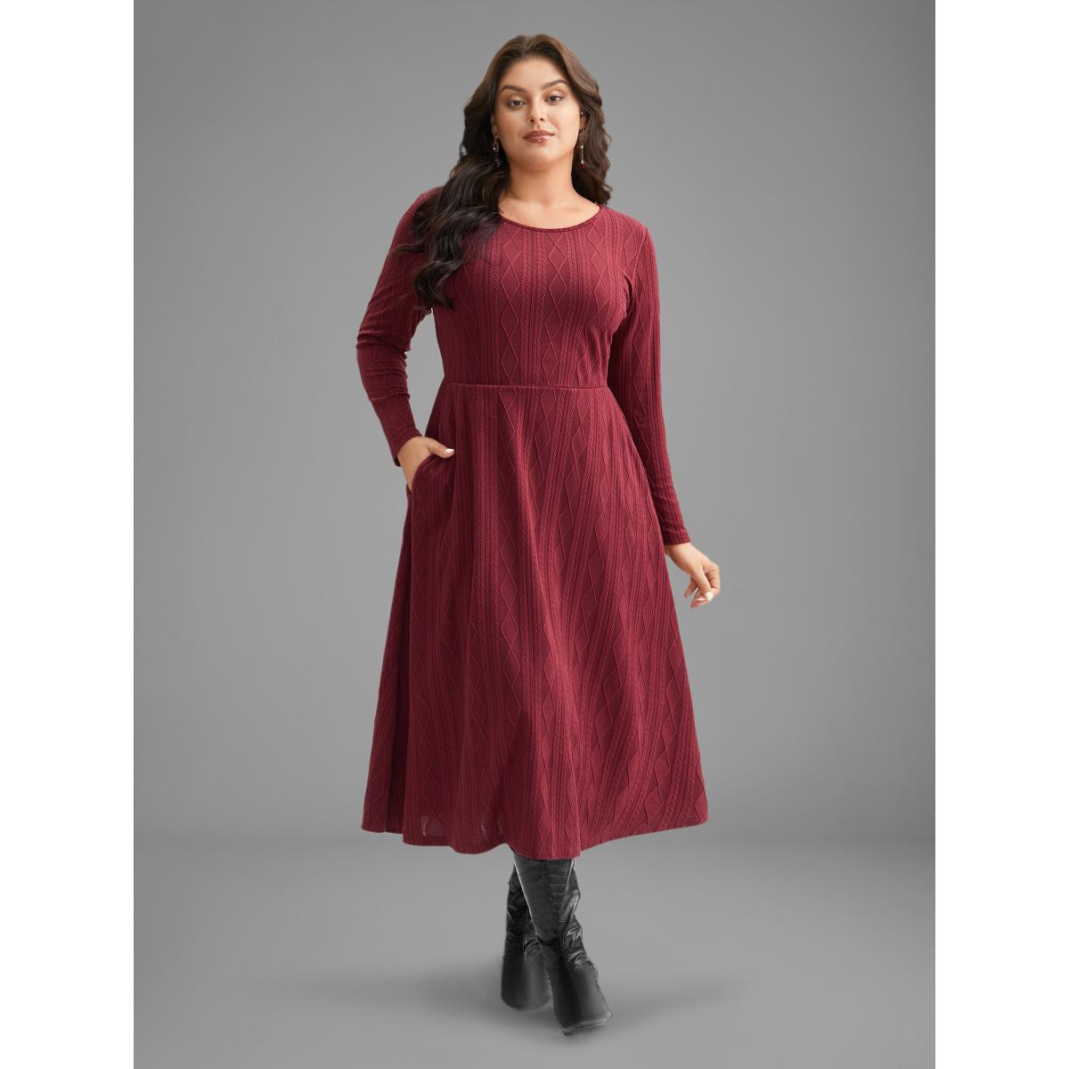 Plus Size Textured Knit Fit-And-Flare Midi Dress Burgundy Women Leisure Texture Round Neck Long Sleeve Curvy BloomChic 26/4X Product Image