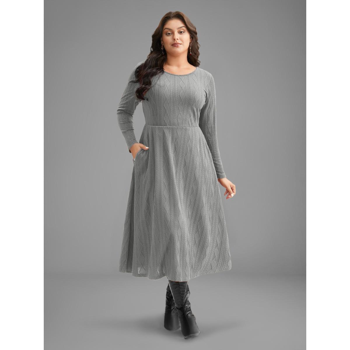 Plus Size Textured Knit Fit-And-Flare Midi Dress Mediumgray Women Casual Texture Round Neck Long Sleeve Curvy BloomChic 10/M Product Image