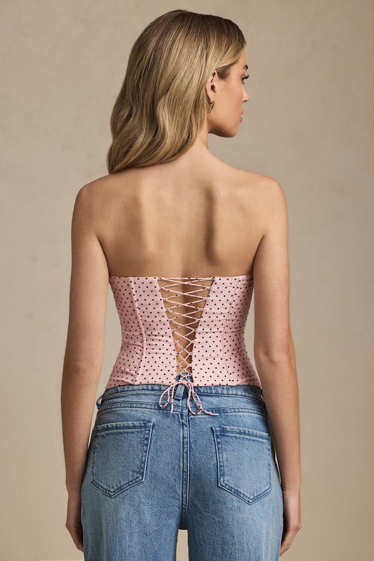 Lace-Up Strapless Corset Top in Pink Polka Dot Product Image