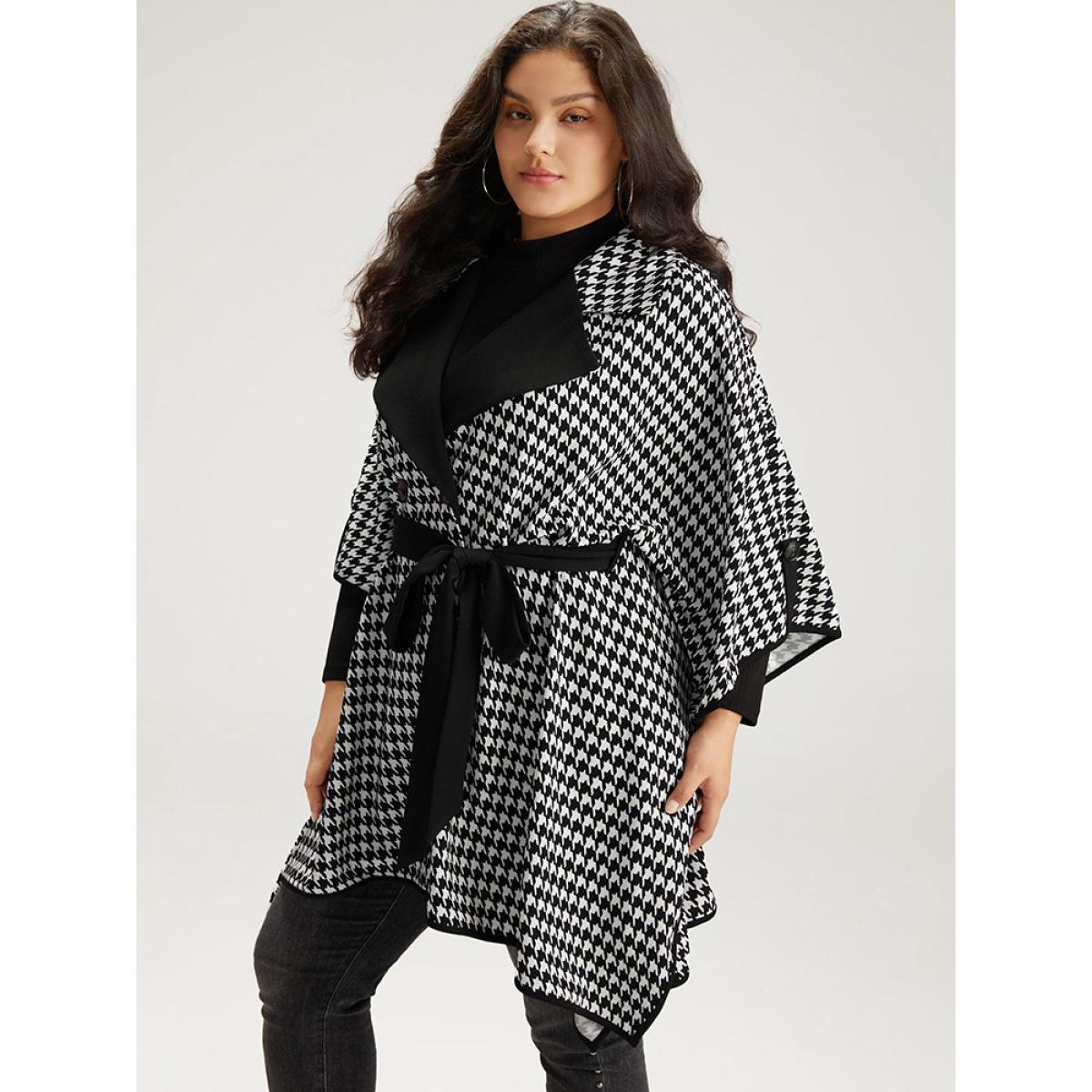 Plus Size Houndstooth Dolman Sleeve Lapel Collar Belted Coat Women Black Casual Belted Loose Ladies Dailywear Winter Coats BloomChic 14-16/1X Product Image