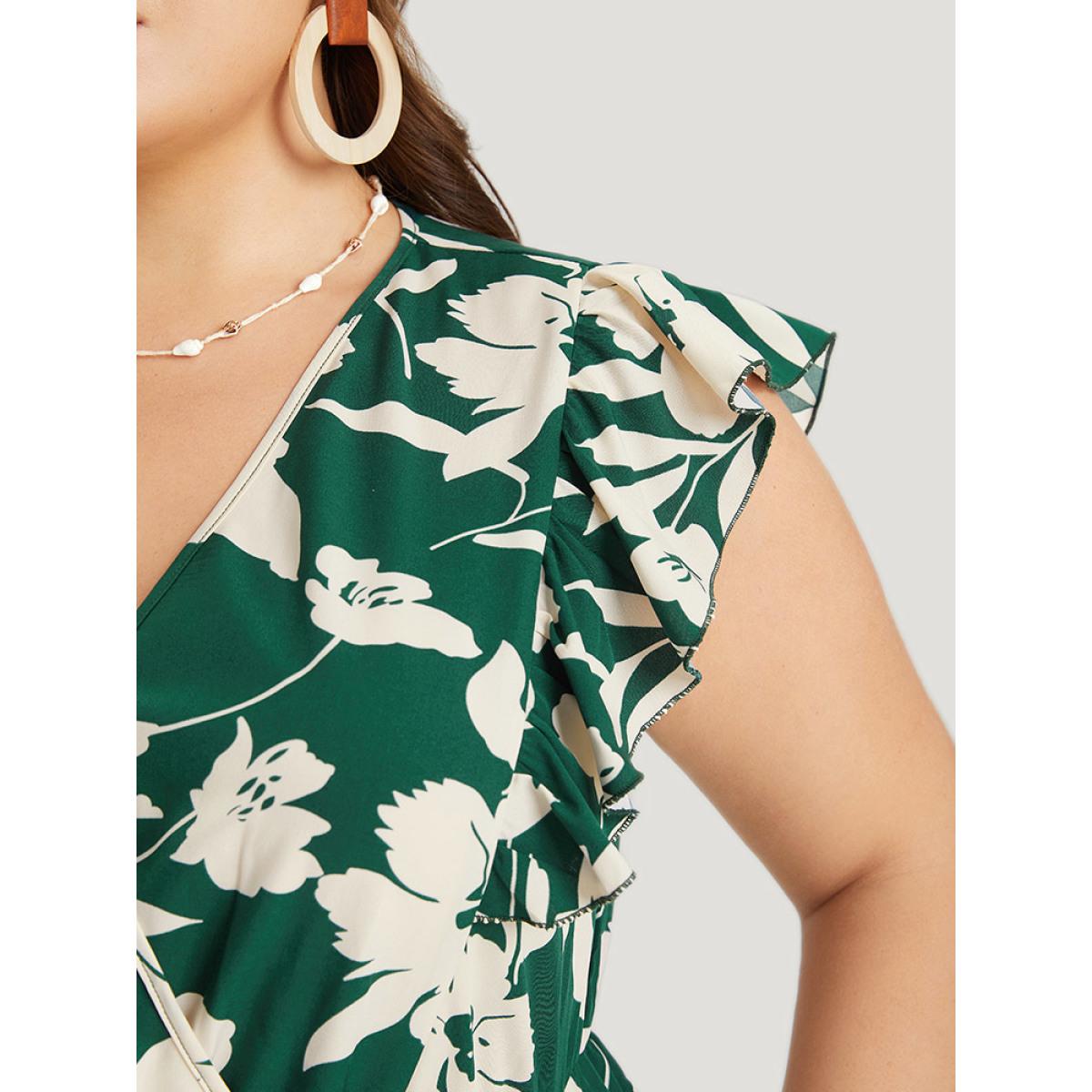 Plus Size Floral Ruffles Cap Sleeve Pocket Button Wrap Dress Green Women Elegant Gathered V-neck Sleeveless Curvy Midi Dress BloomChic 30/6X Product Image