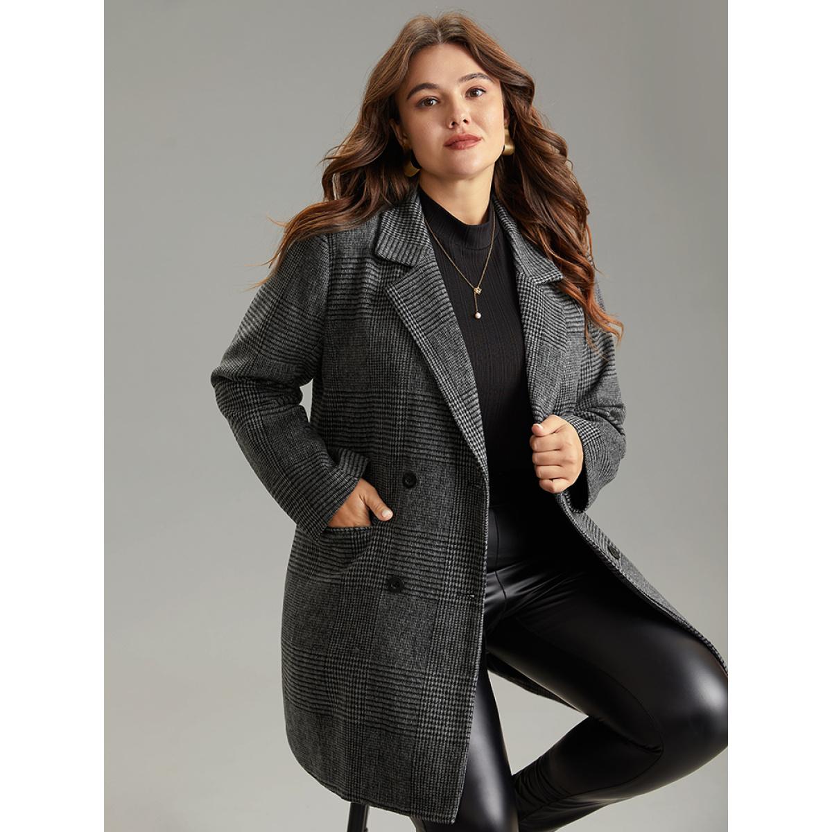 Plus Size Plaid Double Breasted Patched Pocket Tunic Coat Women DimGray Casual Texture Ladies Dailywear Winter Coats BloomChic 28/5X Product Image