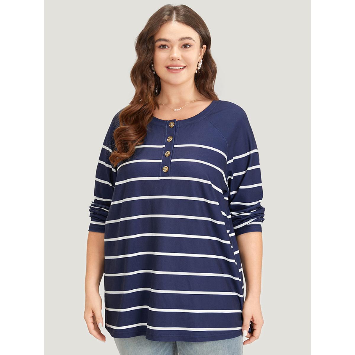 Plus Size Striped Button Up Crew Neck Raglan Sleeve T-shirt Blue Women Casual Button Striped Open Front Dailywear T-shirts BloomChic 10/M Product Image