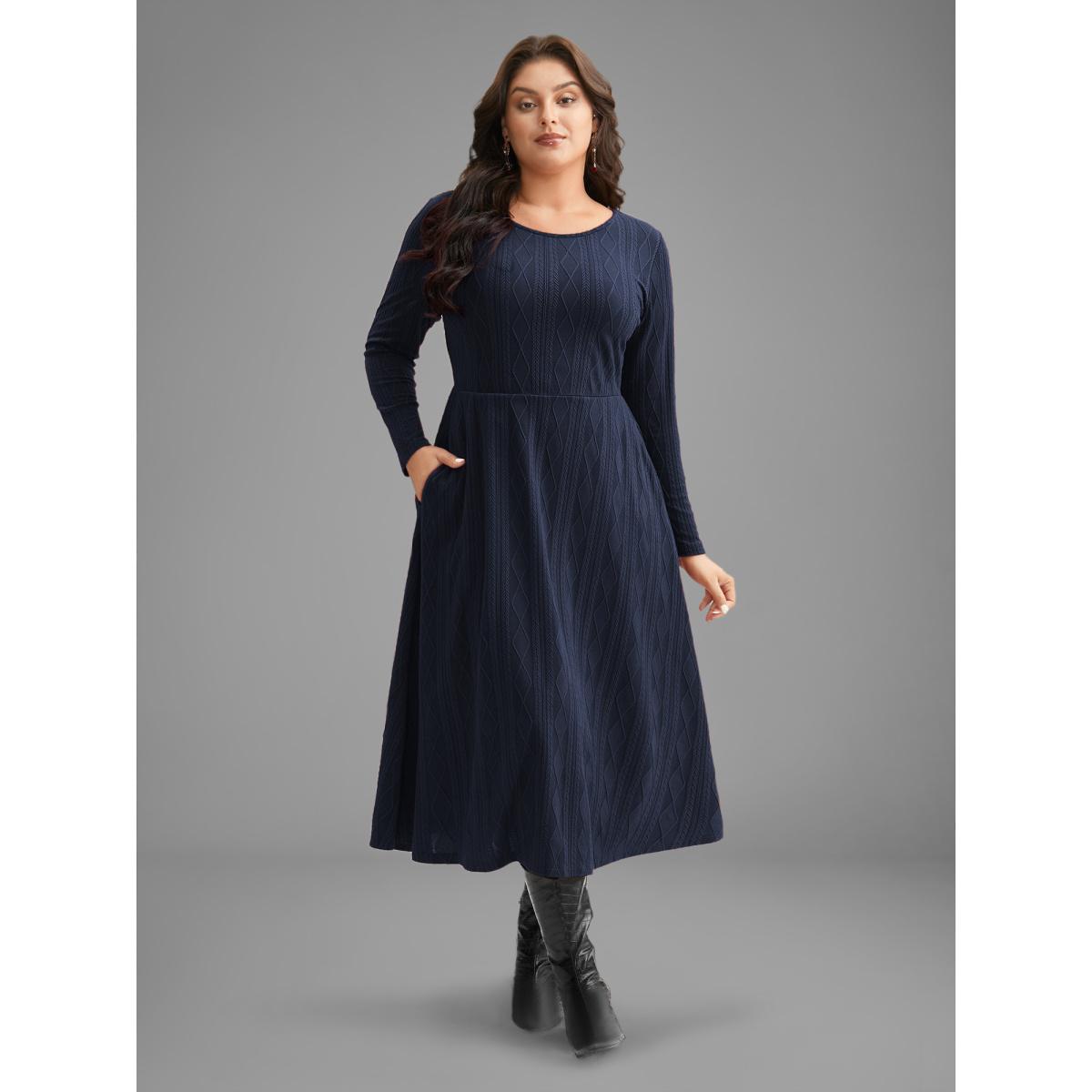 Plus Size Textured Knit Fit-And-Flare Midi Dress Midnight Women Leisure Texture Round Neck Long Sleeve Curvy BloomChic 12/L Product Image