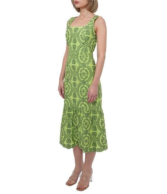 Adelyn Rae Rose Eyelet Embroidered Print Square Neck Sleeveless Fit and Flare Midi Dress Product Image