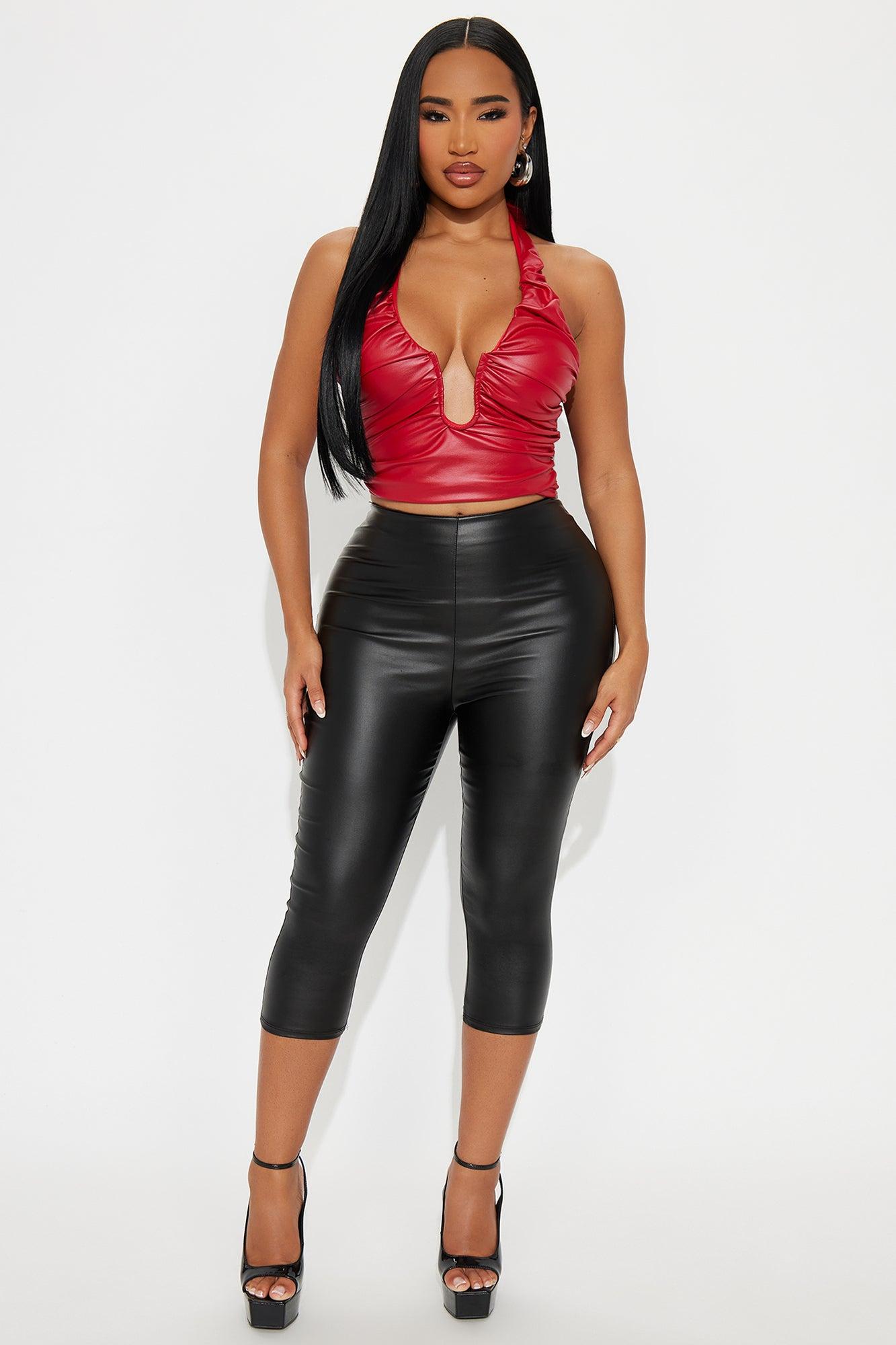 After Dark Ruched Faux Leather Halter Top - Red Female Product Image