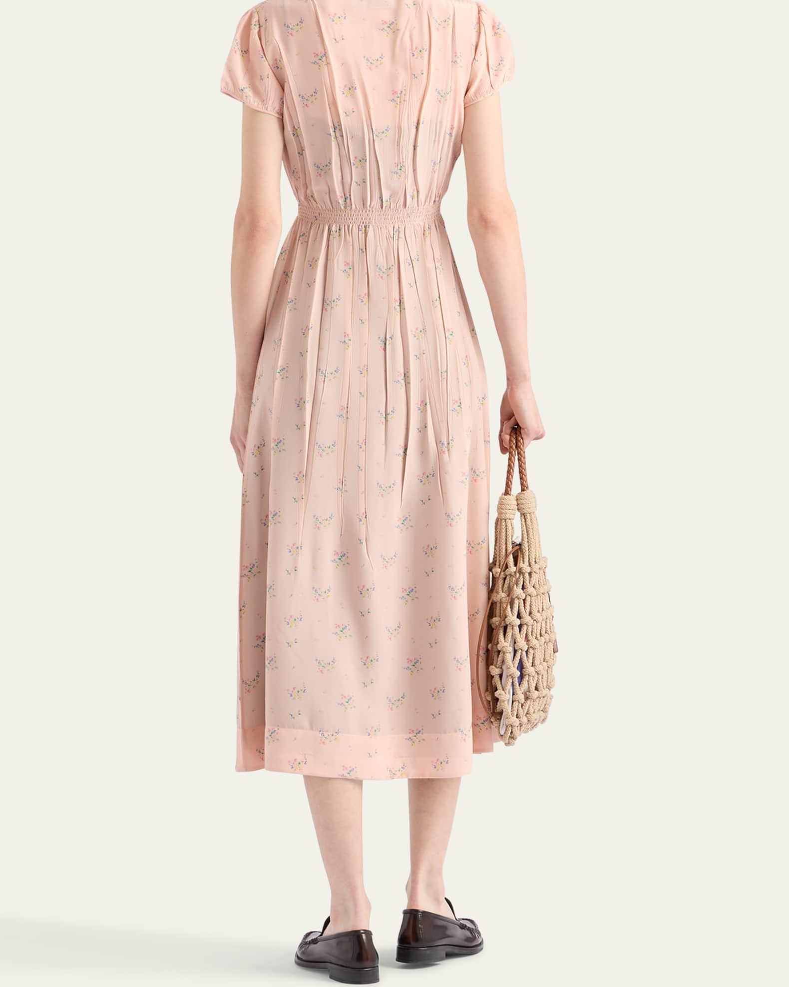 Flower-Print Silk Ponge Short-Sleeve Midi Dress Product Image