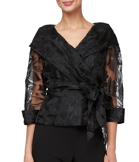 Alex Evenings 3/4 Sleeve Portrait Collar Tie Waist Floral Blouse Product Image