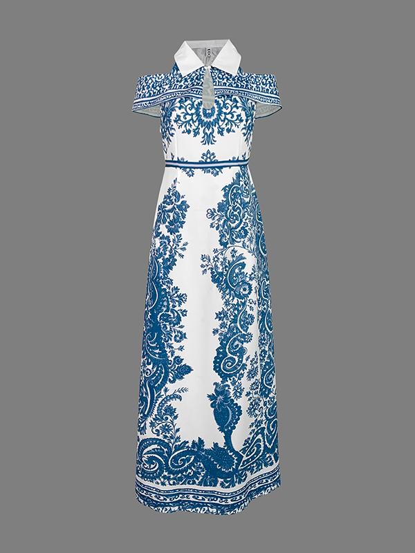 Bodycon High Waisted Flower Print Hollow Pockets Cold Shoulder Maxi Dresses Product Image