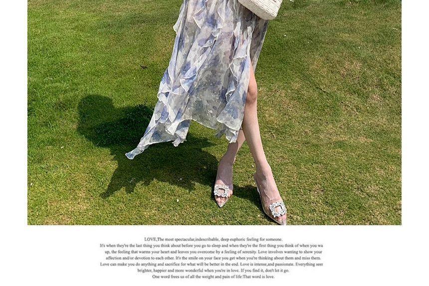 Spaghetti Strap Floral Slit Ruffle Trim Midi A-Line Sundress Product Image